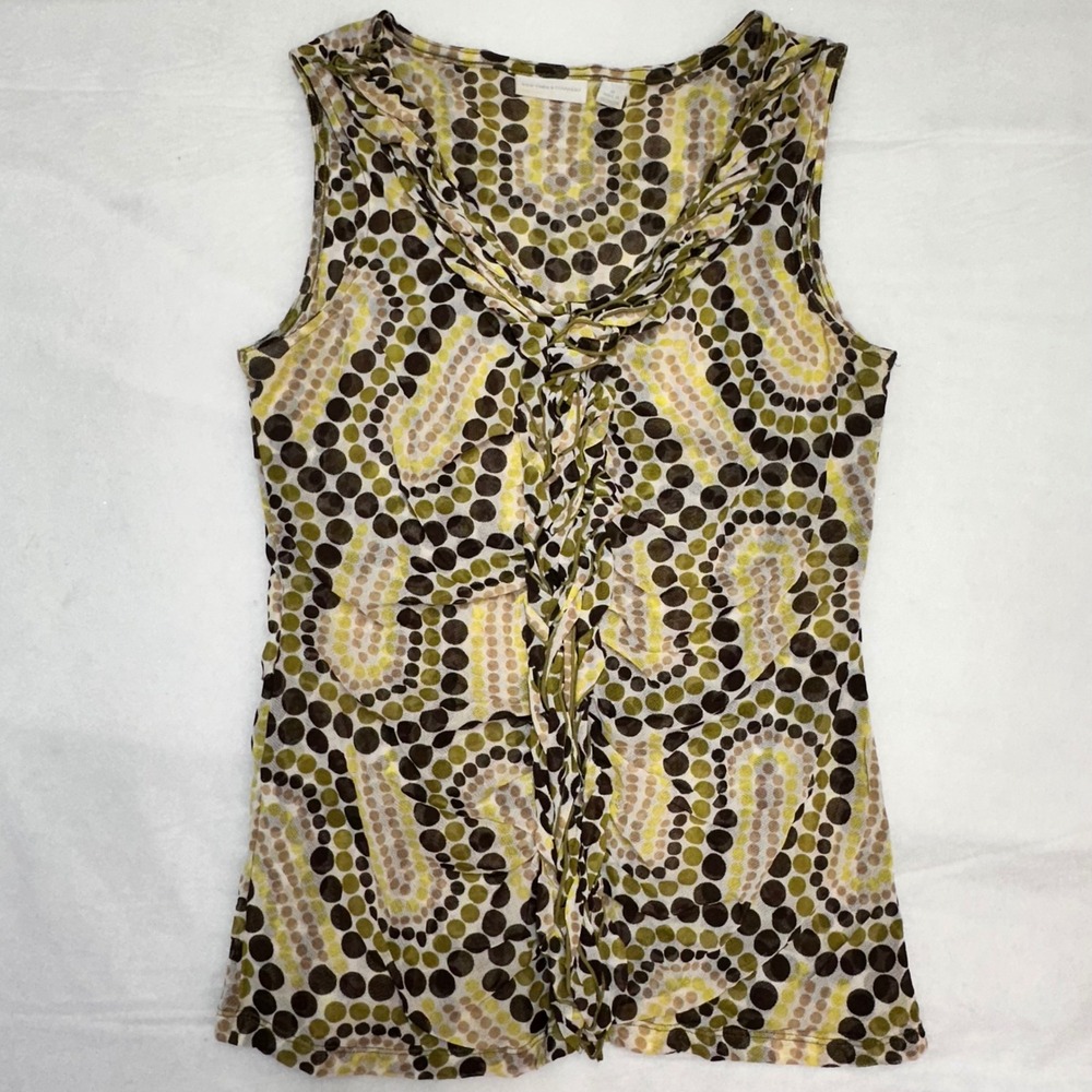 New York & Company Y2K Vintage Green Mesh Ruffle VNeck Sleeveless Top Medium Dot
